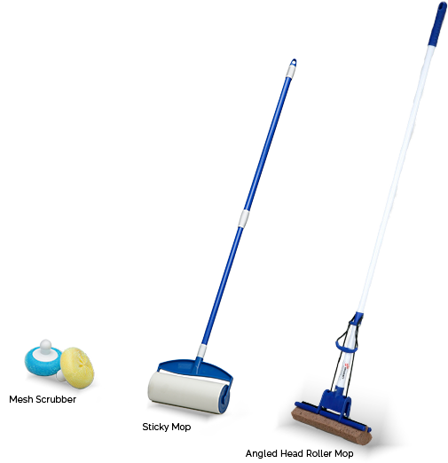 SKILCRAFT Mesh Scrubber, Sticky Mop and Angled Head Roller Mop