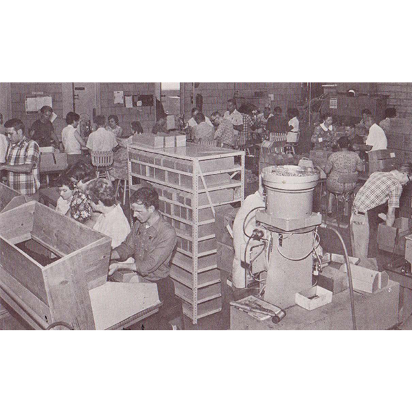 A typical pen production work area in the 1960s
